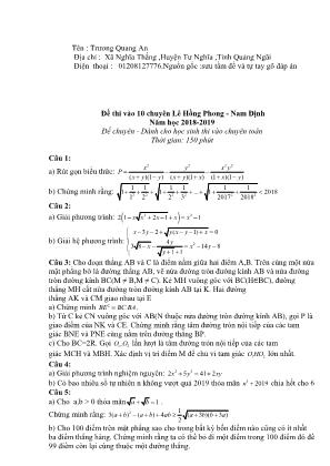 Đề thi tuyển sinh vào Lớp 10 THPT chuyên Lê Hồng Phong môn Toán - Năm học 2018-2019 - Sở giáo dục và đào tạo Nam Định (Có đáp án)
