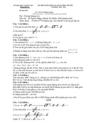 Đề thi tuyển sinh vào Lớp 10 THPT chuyên môn Toán - Năm học 2018-2019 - Sở giáo dục và đào tạo Bình Phước (Có đáp án)