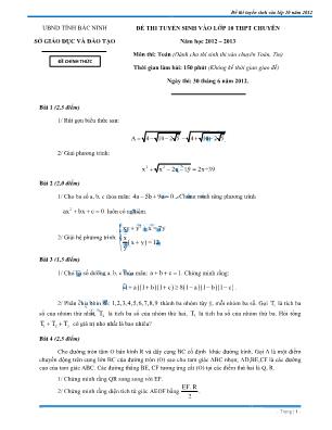 Đề thi tuyển sinh vào Lớp 10 THPT chuyên môn Toán - Năm học 2012-2013 - Sở giáo dục và đào tạo Bắc Ninh (Có đáp án)