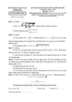 Đề thi tuyển sinh vào Lớp 10 THPT chuyên môn Toán - Năm học 2013-2014 - Sở giáo dục và đào tạo Hưng Yên (Có đáp án)