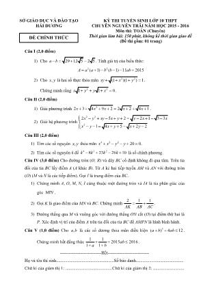Đề thi tuyển sinh vào Lớp 10 THPT chuyên Nguyễn Trãi môn Toán - Năm học 2015-2016 - Sở giáo dục và đào tạo Hải Dương (Có đáp án)