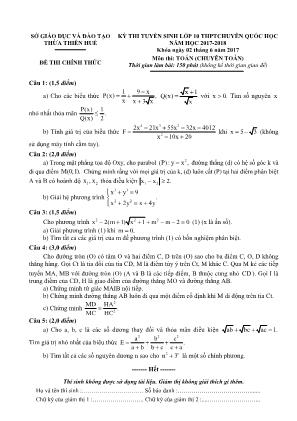 Đề thi tuyển sinh vào Lớp 10 THPT chuyên Quốc học môn Toán - Năm học 2017-2018 - Sở giáo dục và đào tạo Thừa Thiên Huế (Có đáp án)