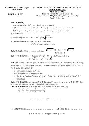 Đề thi tuyển sinh vào Lớp 10 THPT chuyên Thái Bình môn Toán - Năm học 2015-2016 - Sở giáo dục và đào tạo Thái Bình (Có đáp án)