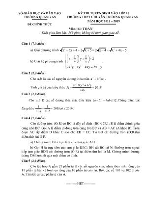 Đề thi tuyển sinh vào Lớp 10 THPT chuyên Trương Quang An môn Toán - Năm học 2018-2019 - Sở giáo dục và đào tạo Trương Quang An (Có đáp án)