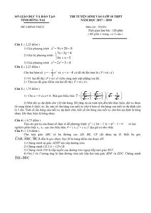 Đề thi tuyển sinh vào Lớp 10 THPT môn Toán các tỉnh - Năm học 2017-2018