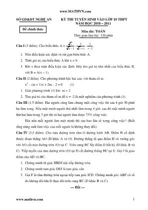 Đề thi tuyển sinh vào Lớp 10 THPT môn Toán - Năm học 2010-2011 - Sở giáo dục và đào tạo Nghệ An