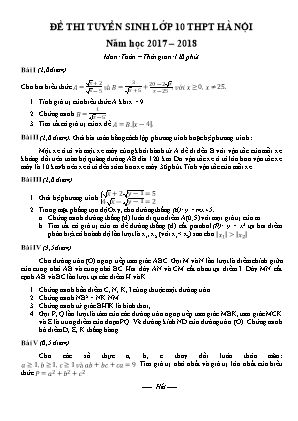 Đề thi tuyển sinh vào Lớp 10 THPT môn Toán - Năm học 2017 – 2018 - Sở giáo dục và đào tạo Hà Nội