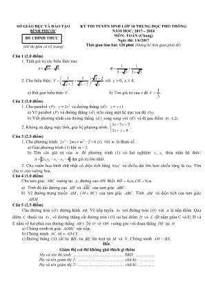 Đề thi tuyển sinh vào Lớp 10 THPT môn Toán - Năm học 2017-2018 - Sở giáo dục và đào tạo Bình Phước (Có đáp án)