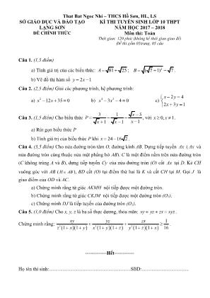 Đề thi tuyển sinh vào Lớp 10 THPT môn Toán - Năm học 2017-2018 - Sở giáo dục và đào tạo Lạng Sơn (Có đáp án)