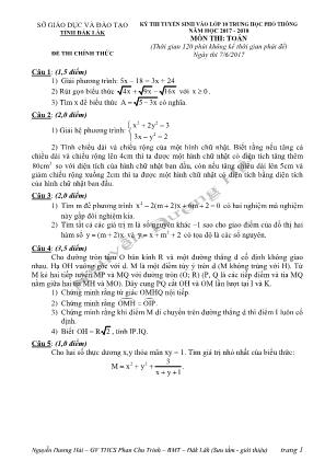 Đề thi tuyển sinh vào Lớp 10 THPT môn Toán - Năm học 2017-2018 - Sở giáo dục và đào tạo Đăk Lăk (Có đáp án)