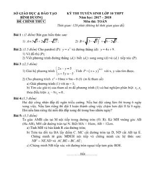 Đề thi tuyển sinh vào Lớp 10 THPT môn Toán - Năm học 2017-2018 - Sở giáo dục và đào tạo Bình Dương (Có đáp án)