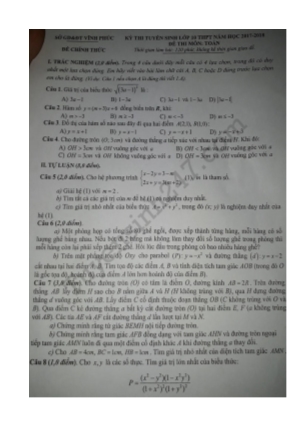 Đề thi tuyển sinh vào Lớp 10 THPT môn Toán - Năm học 2017-2018 - Sở giáo dục và đào tạo Vĩnh Phúc (Có đáp án)