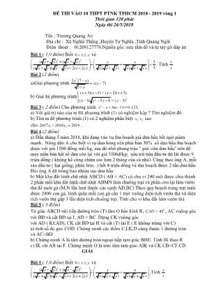 Đề thi tuyển sinh vào Lớp 10 THPT môn Toán vòng 1 - Năm học 2018-2019 - Trường THPT năng khiếu thành phố Hồ Chí Minh (Có đáp án)