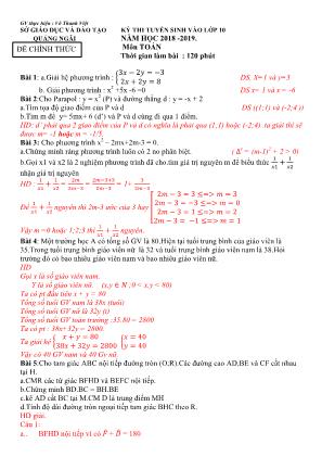 Đề thi tuyển sinh vào Lớp 10 trung học phổ thông môn Toán - Năm học 2018-2019 - Sở giáo dục và đào tạo Quảng Ngãi (Có đáp án)