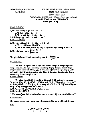 Kỳ thi tuyển sinh vào Lớp 10 THPT môn Toán - Năm học 2011-2012 - Sở giáo dục và đào tạo Hải Dương
