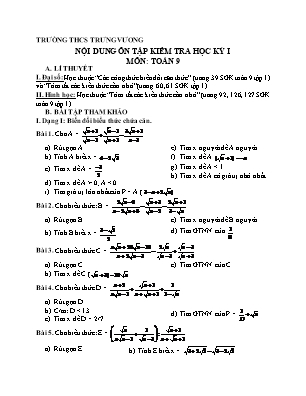 Nội dung ôn tập kiểm tra học kỳ I môn Toán Lớp 9 - Trường THCS Trưng Vương