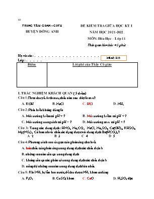 Đề kiểm tra giữa học kỳ I - Môn: Hóa học lớp 11