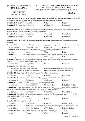 Đề thi thử tốt nghiệp trung học phổ thông - Bài thi: Ngoại ngữ (Tiếng Anh) - Mã đề 801