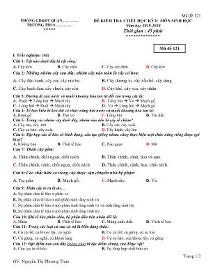 Đề kiểm tra 1 tiết học kỳ I - Môn Sinh Học - Mã đề 121