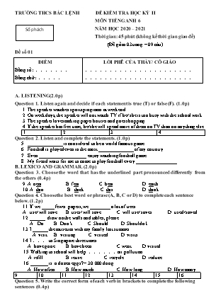 Đề kiểm tra học kỳ II - Môn tiếng Anh 6