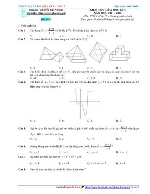 Đề kiểm tra Giữa học kì 1 môn Toán Lớp 12 - Năm học 2021-2022 (Có đáp án)