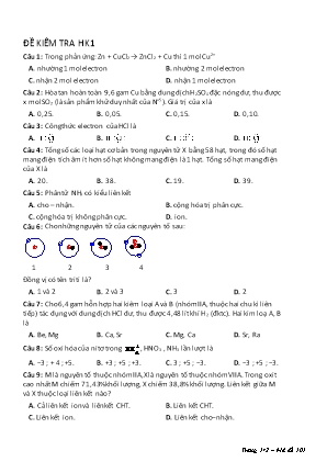Đề kiểm tra Học kì 1 môn Hóa học Lớp 10 (Có đáp án)