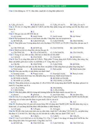 Đề kiểm tra môn Hóa học Lớp 12 - Chương: Este. Lipit