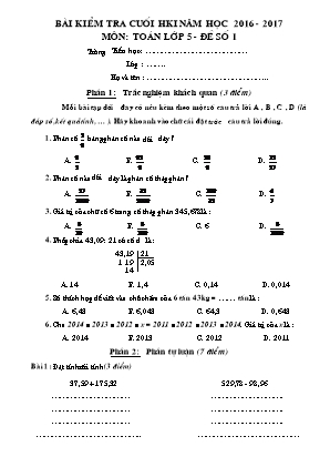 19 Đề kiểm tra Cuối học kì 1 môn Toán Lớp 5 - Năm học 2016-2017