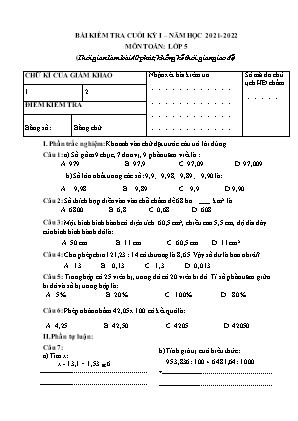 Bài kiểm tra Cuối học kì 1 môn Toán Khối 5 - Năm học 2021-2022 (Có đáp án)
