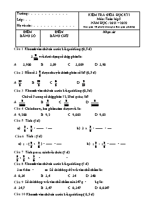 Bài kiểm tra Giữa học kì 1 môn Toán Khối 5 - Năm học 2021-2022 (Có đáp án)