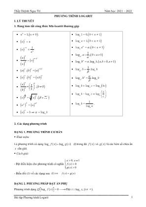 Bài tập Đại số Lớp 12 - Phương trình logarit