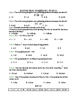 Bài tập trắc nghiệm môn Toán Lớp 5 - Tuần 14 - Bài số 1