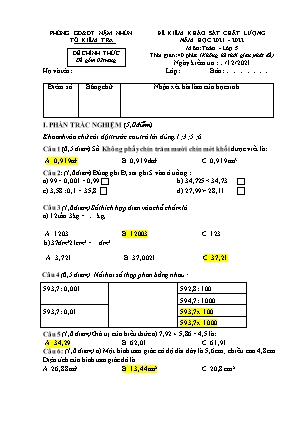 Đề khảo sát chất lượng học môn Toán Lớp 5 - Năm học 2021-2022 (Có đáp án)