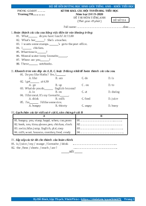 Đề khảo sát chất lượng học sinh giỏi môn Tiếng Anh Lớp 5 - Năm học 2019-2020