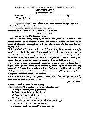 Đề kiểm tra chất lượng Cuối học kì 1 môn Tiếng Việt Lớp 5 - Năm học 2021-2022 (Có đáp án)