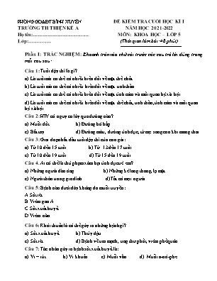 Đề kiểm tra Cuối học kì 1 môn Khoa học Lớp 5 - Năm học 2021-2022 - Trường Tiểu học Thiện Kế A (Có đáp án)