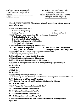 Đề kiểm tra Cuối học kì 1 môn Lịch sử và Địa lí Lớp 5 - Năm học 2021-2022 - Trường Tiểu học Thiện kế A