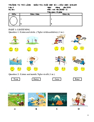 Đề kiểm tra Cuối học kì 1 môn Tiếng Anh Lớp 5 - Năm học 2018-2019 - Trường Tiểu học Trà Lồng