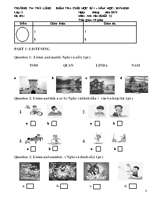 Đề kiểm tra Cuối học kì 1 môn Tiếng Anh Lớp 5 - Năm học 2019-2020 - Trường Tiểu học Trà Lồng