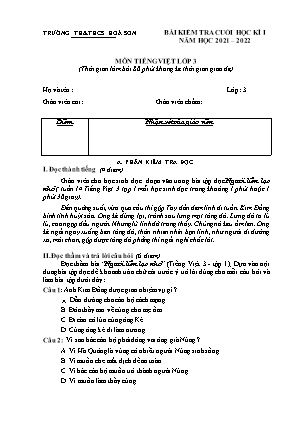 Đề kiểm tra Cuối học kì 1 môn Tiếng Việt Lớp 3 - Năm học 2021-2022 - Trường Tiểu học Hòa Sơn