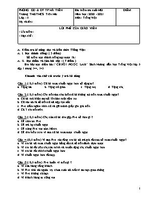 Đề kiểm tra Cuối học kì 1 môn Tiếng Việt Lớp 5 - Năm học 2020-2021 - Trường Tiểu học Tiên Hải (Có đáp án)