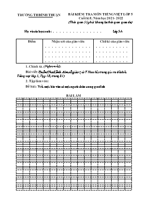 Đề kiểm tra Cuối học kì 1 môn Tiếng Việt Lớp 5 - Phần: Chính tả - Năm học 2021-2022 - Trường Tiểu học Bình Thuận