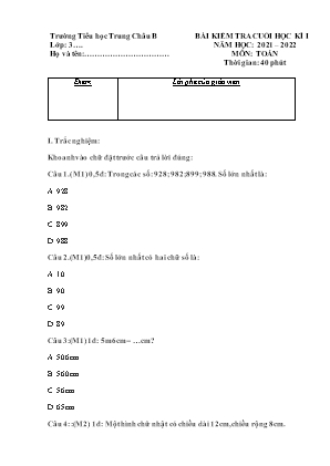 Đề kiểm tra Cuối học kì 1 môn Toán Lớp 3 - Năm học 2021-2022 - Trường Tiểu học Trung Châu B (Có đáp án)