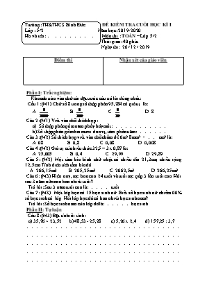 Đề kiểm tra Cuối học kì 1 môn Toán Lớp 5 - Năm học 2019-2020 - Trường Tiểu học Bình Đức (Có đáp án)