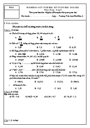 Đề kiểm tra Cuối học kì 1 môn Toán Lớp 5 - Năm học 2020-2021 (Có đáp án)