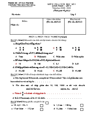 Đề kiểm tra Cuối học kì 1 môn Toán Lớp 5 - Năm học 2020-2021 - Trường Tiểu học Tân Hội A (Có đáp án)