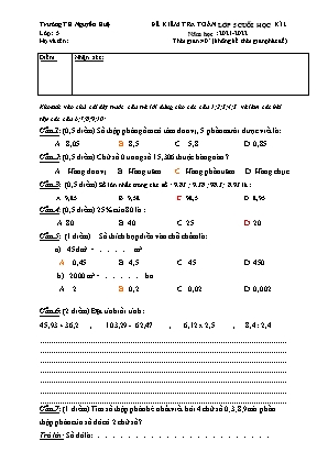 Đề kiểm tra Cuối học kì 1 môn Toán Lớp 5 - Năm học 2021-2022 - Trường Tiểu học Nguyễn Huệ (Có đáp án)