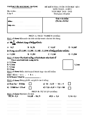 Đề kiểm tra Cuối học kì 1 môn Toán Lớp 5 - Năm học 2021-2022 - Trường Tiểu học Song Phượng (Có đáp án)