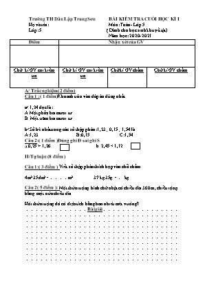 Đề kiểm tra Cuối học kì 1 môn Toán và Tiếng Việt Lớp 5 - Năm học 2020-2021 - Trường Tiểu học Dân lập Trung Sơn