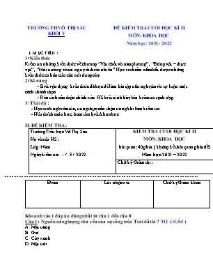 Đề kiểm tra Cuối học kì 2 môn Khoa học Lớp 5 - Năm học 2021-2022 - Trường Tiểu học Võ Thị Sáu (Có đáp án)